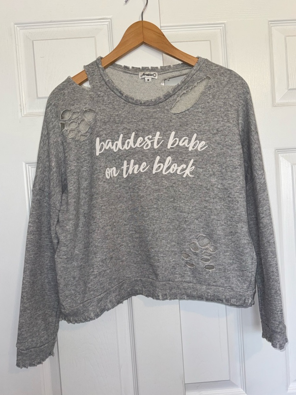 Jordann Distressed Cropped Sweatshirt “Baddest Babe” Graphic Gray Raw Hem M